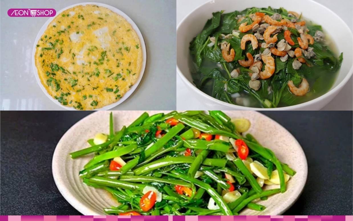 Thực đơn 8 trứng chiên, rau muống xào, canh rau muống
