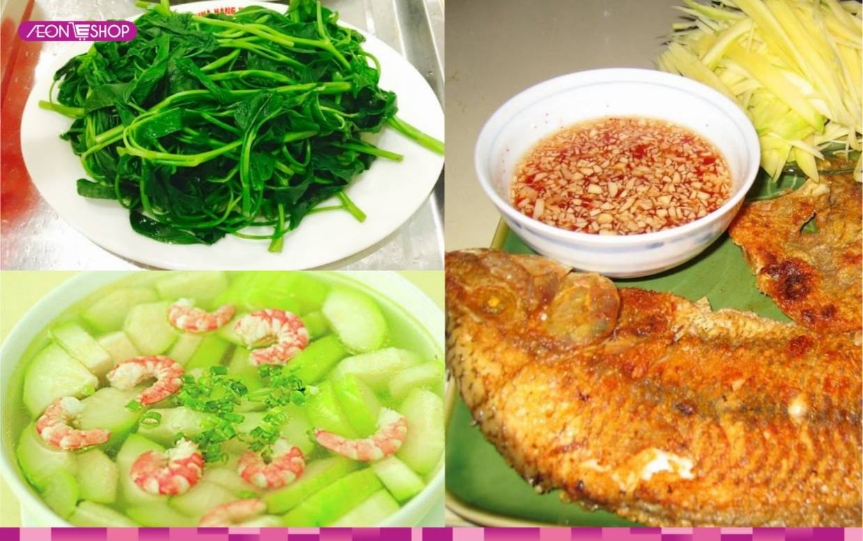 Thực đơn 5 rau muống luộc, cá chiên, canh bí đao