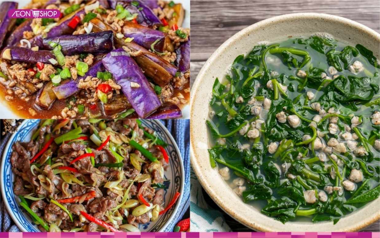 Thực đơn 14 cà tím xào, thịt xào sả ớt, canh rau