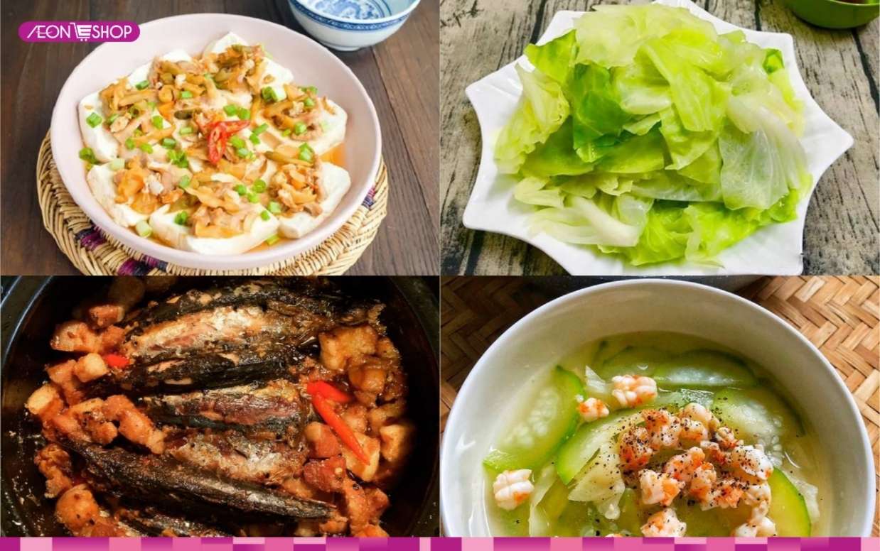 Thực đơn 15 đậu non hấp, thịt kho cá nục, bắp cải luộc