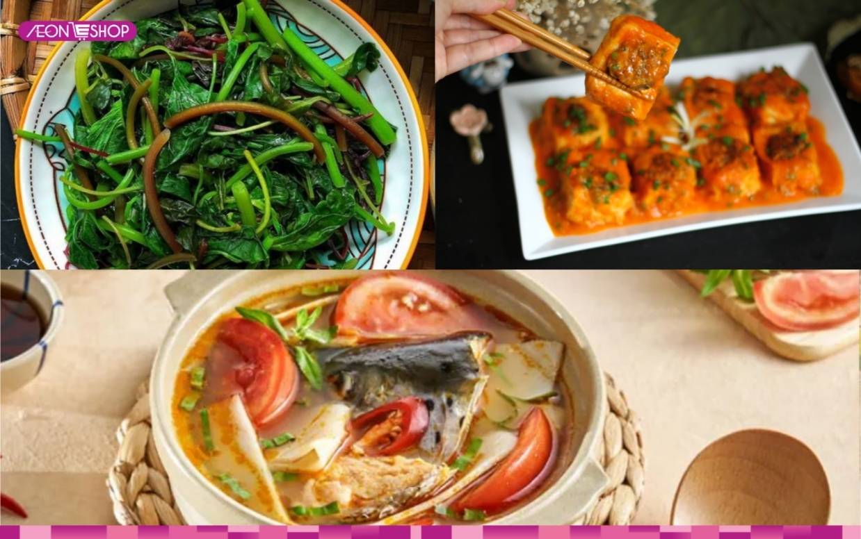 Thực đơn 1 đậu hũ nhồi thịt, rau luộc, canh chua