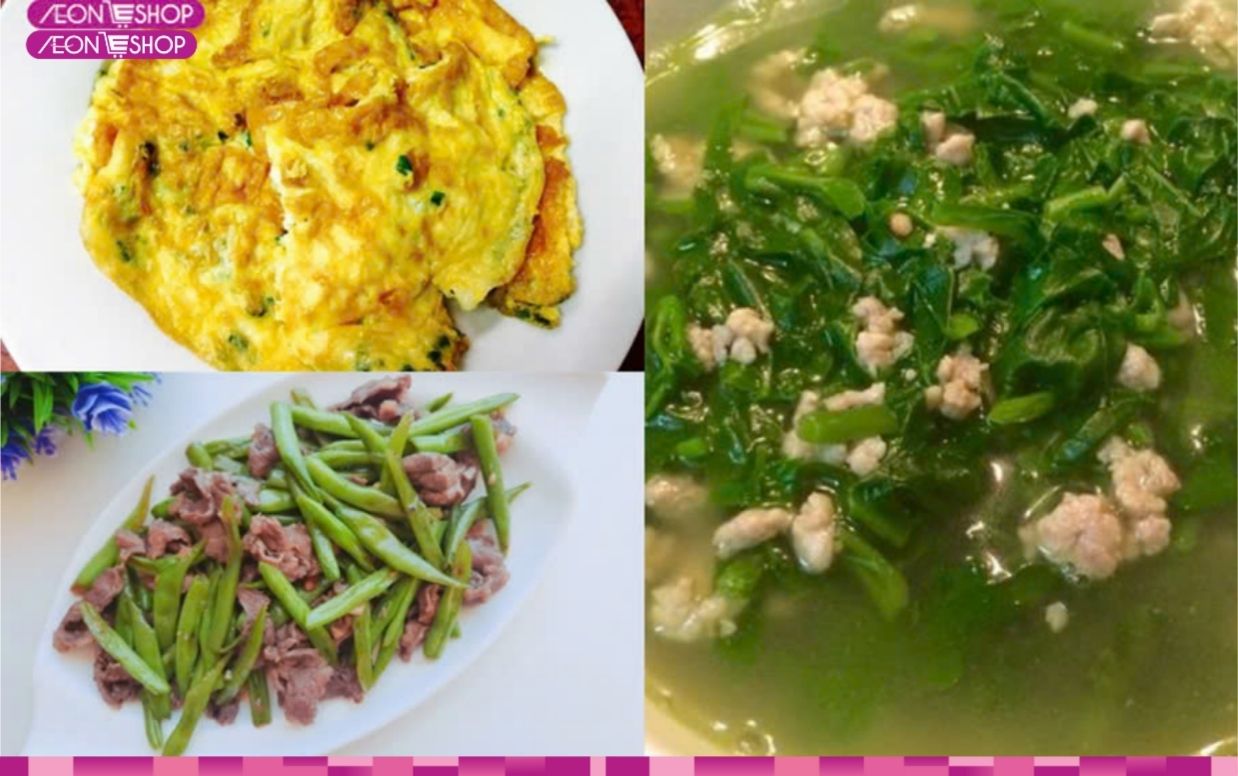 Thực đơn 3 đậu ve xào thịt, trứng chiên, canh mồng tơi