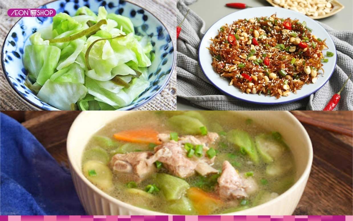 Thực đơn 11 cá cơm rim lạc, bắp cải luộc, canh mướp