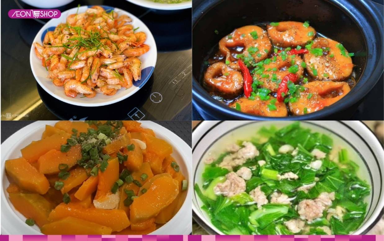 Thực đơn 4 tôm rang, cá kho, bí đỏ xào, canh rau cải