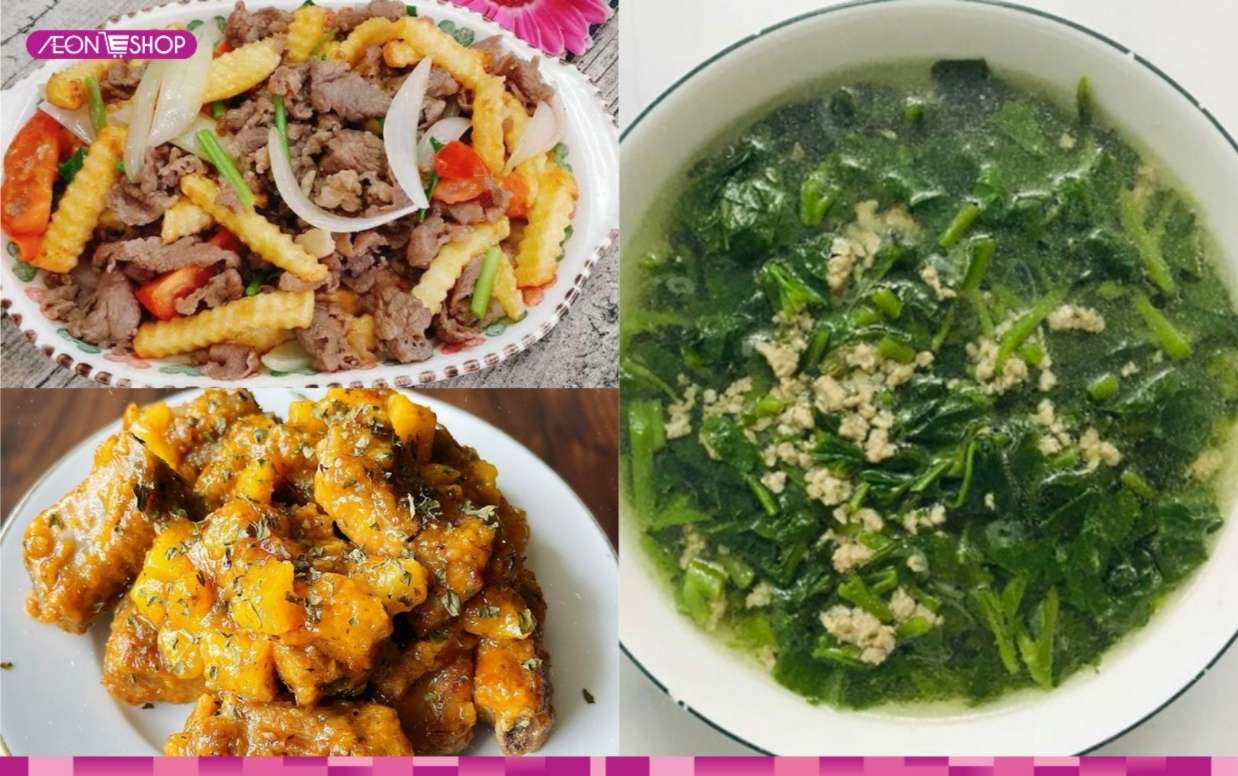 Thực đơn 12 khoai tây xào bò, sườn rim, canh mồng tơi