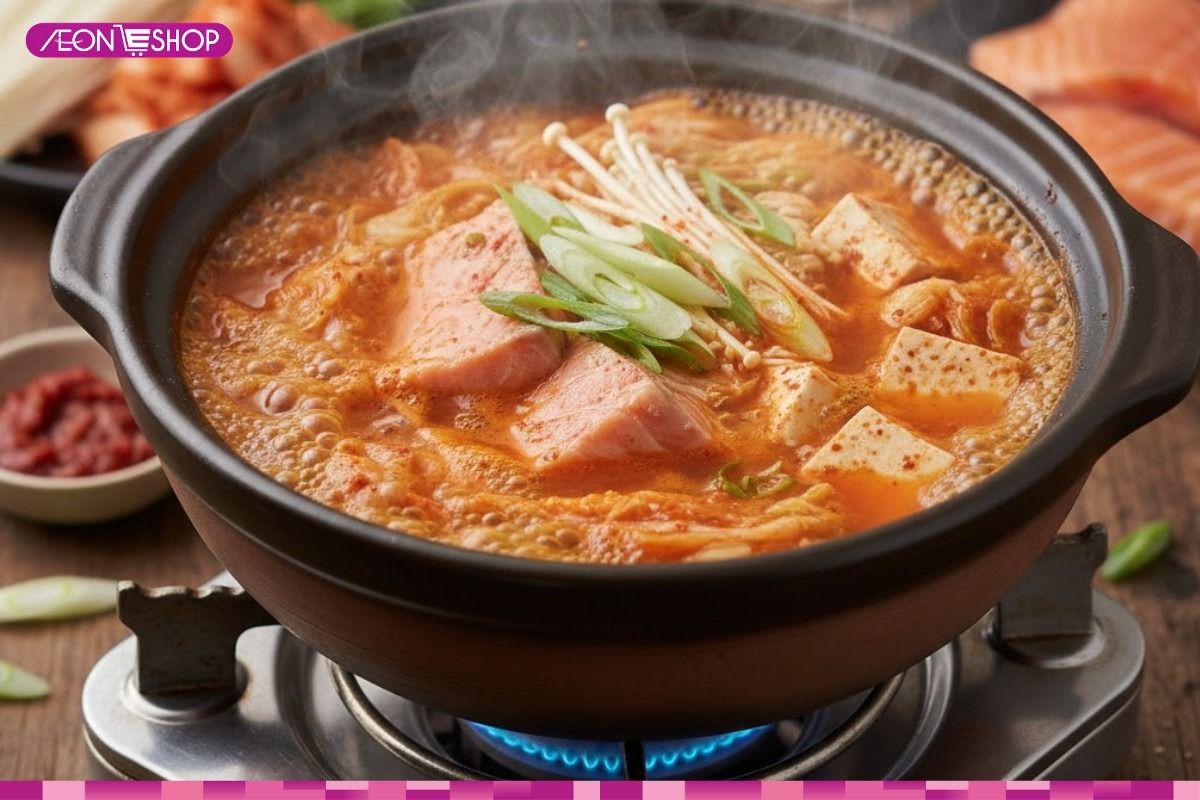 Nấu nước dùng lẩu cá hồi kim chi