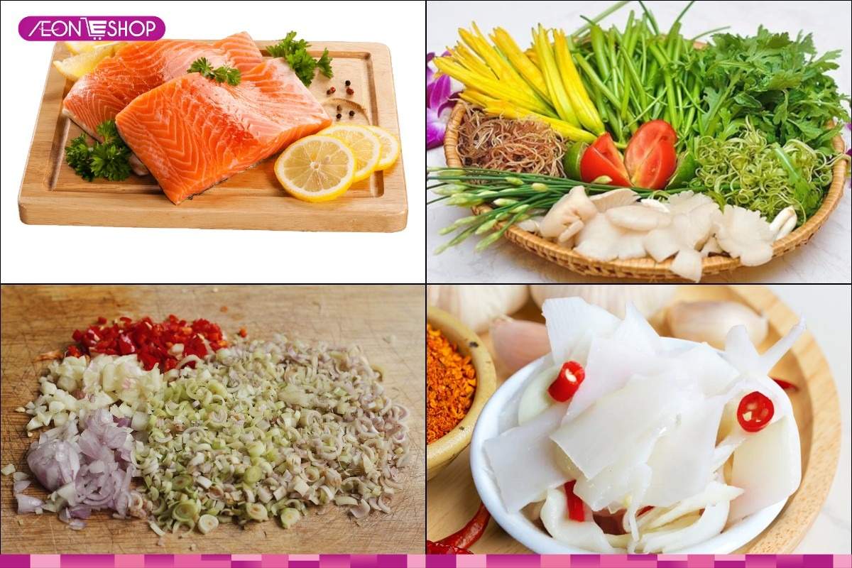 Sơ chế nguyên liệu nấu lẩu cá hồi măng chua