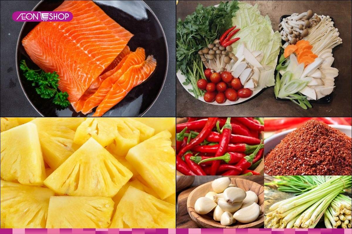 Sơ chế nguyên liệu nấu lẩu cá hồi chua cay