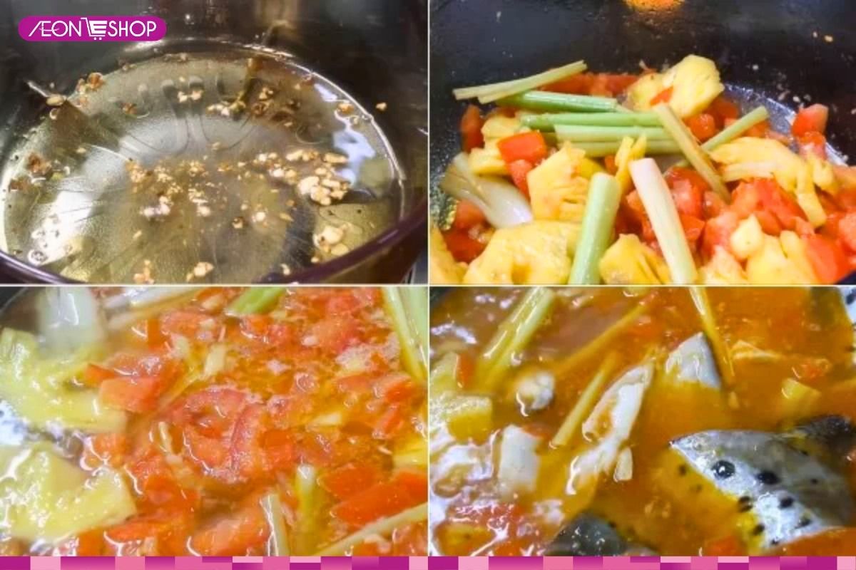 Chế biến nước lẩu cá hồi chua cay 
