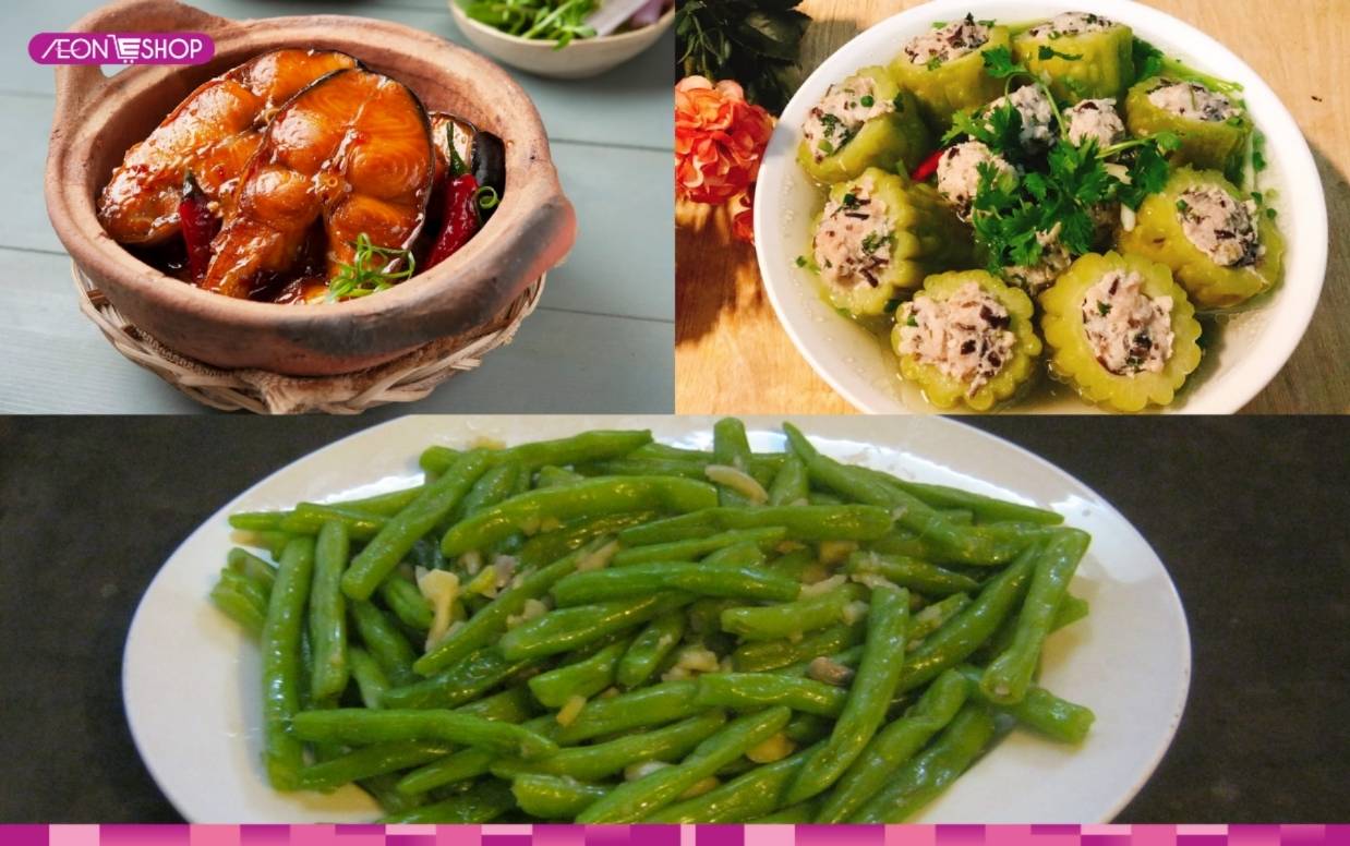 Cá basa kho, canh mướp đắng, đậu ve xào