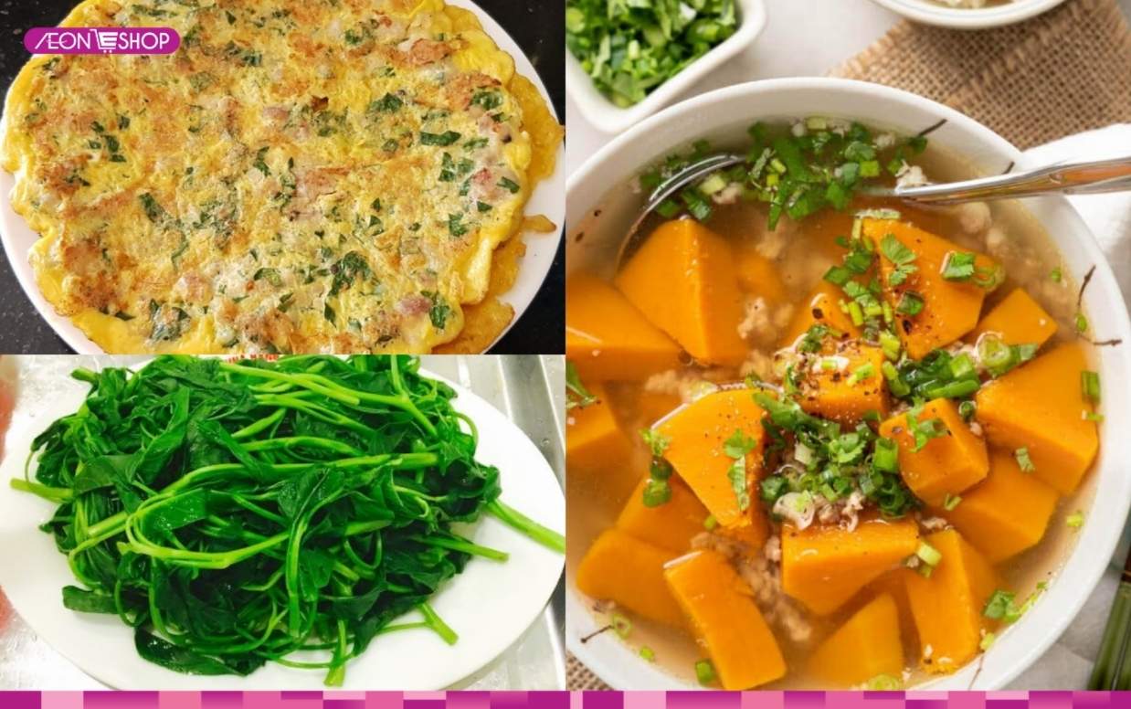 Trứng chiên thịt bằm, rau muống luộc, canh bí đỏ