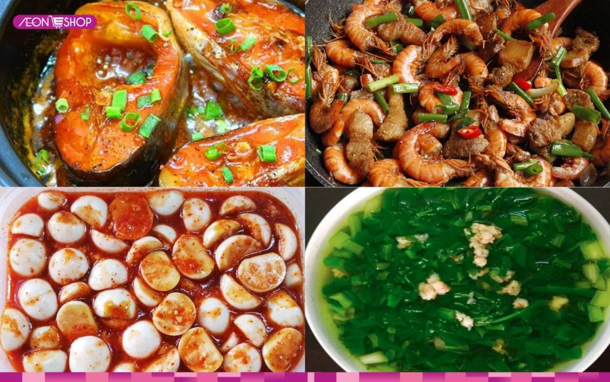 Cá kho, tôm rang, cà pháo