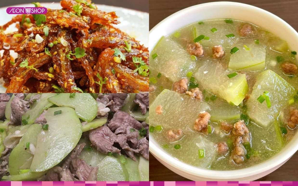 Cá rim, su xào thịt bò, canh bí đao thịt bằm