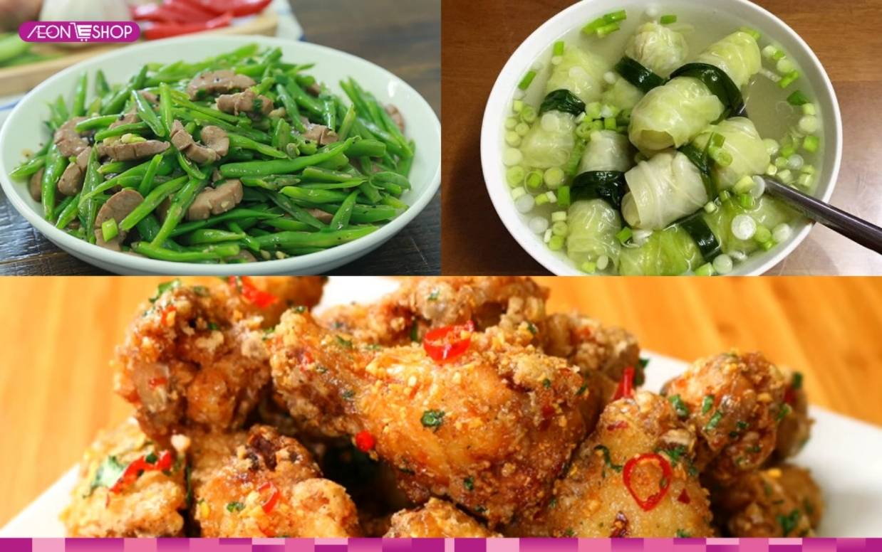 Gà chiên mắm, đậu que xào, canh bắp cải cuộn thịt
