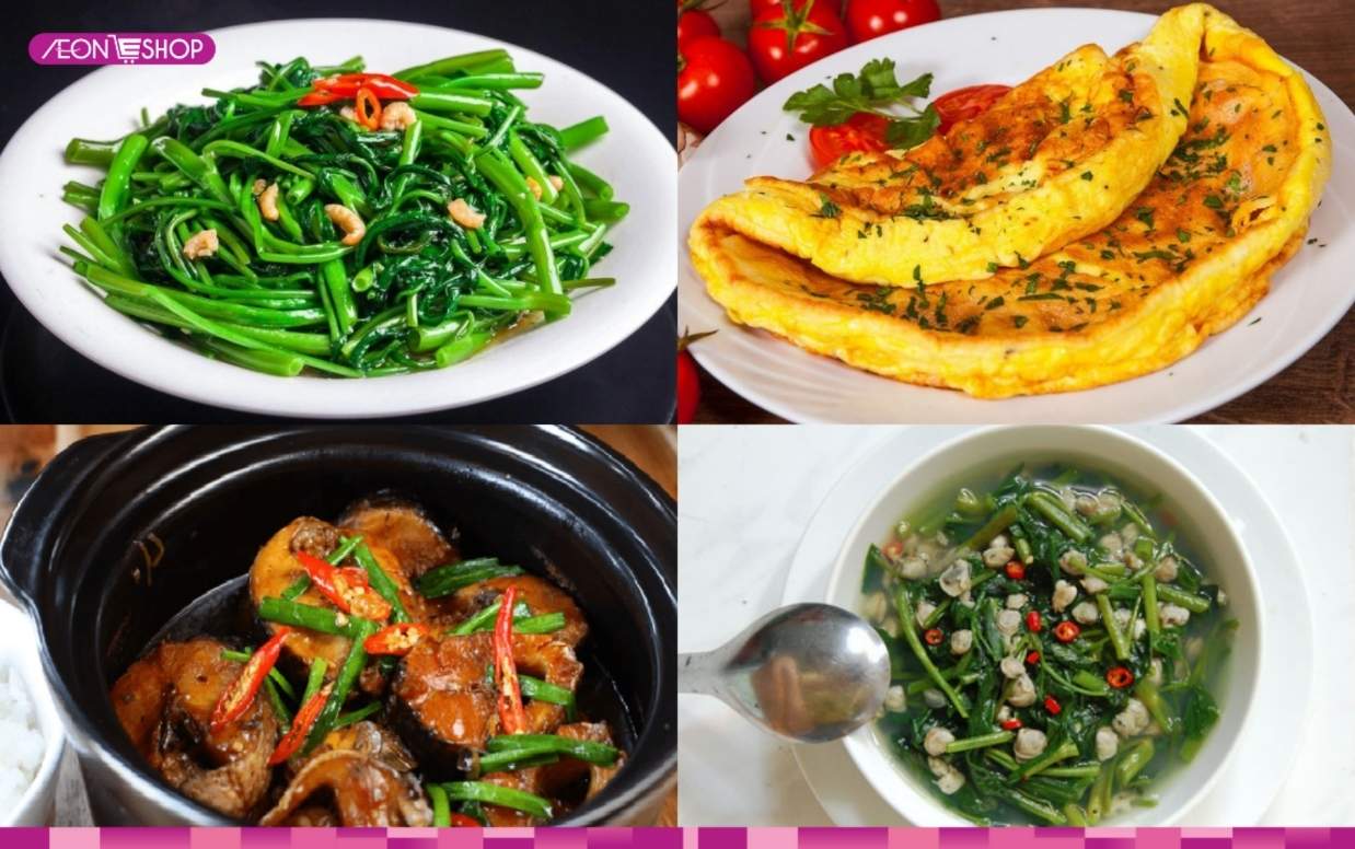 Rau muống xào tỏi, trứng chiên, cá lóc kho tiêu, canh hến