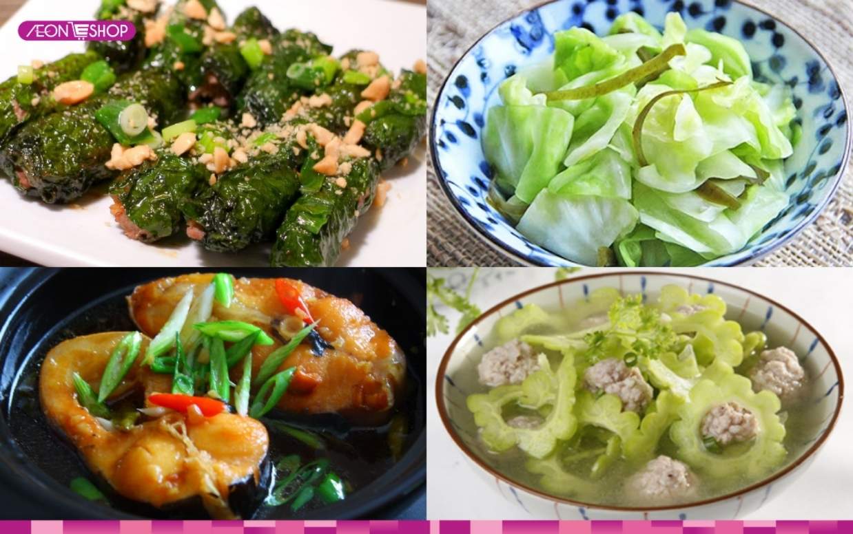 Chả bò lá lốt, cá kho, bắp cải luộc