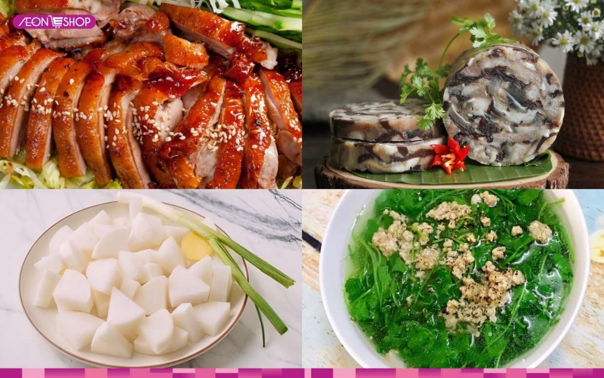 Thịt vịt quay, củ cải luộc, giò thủ