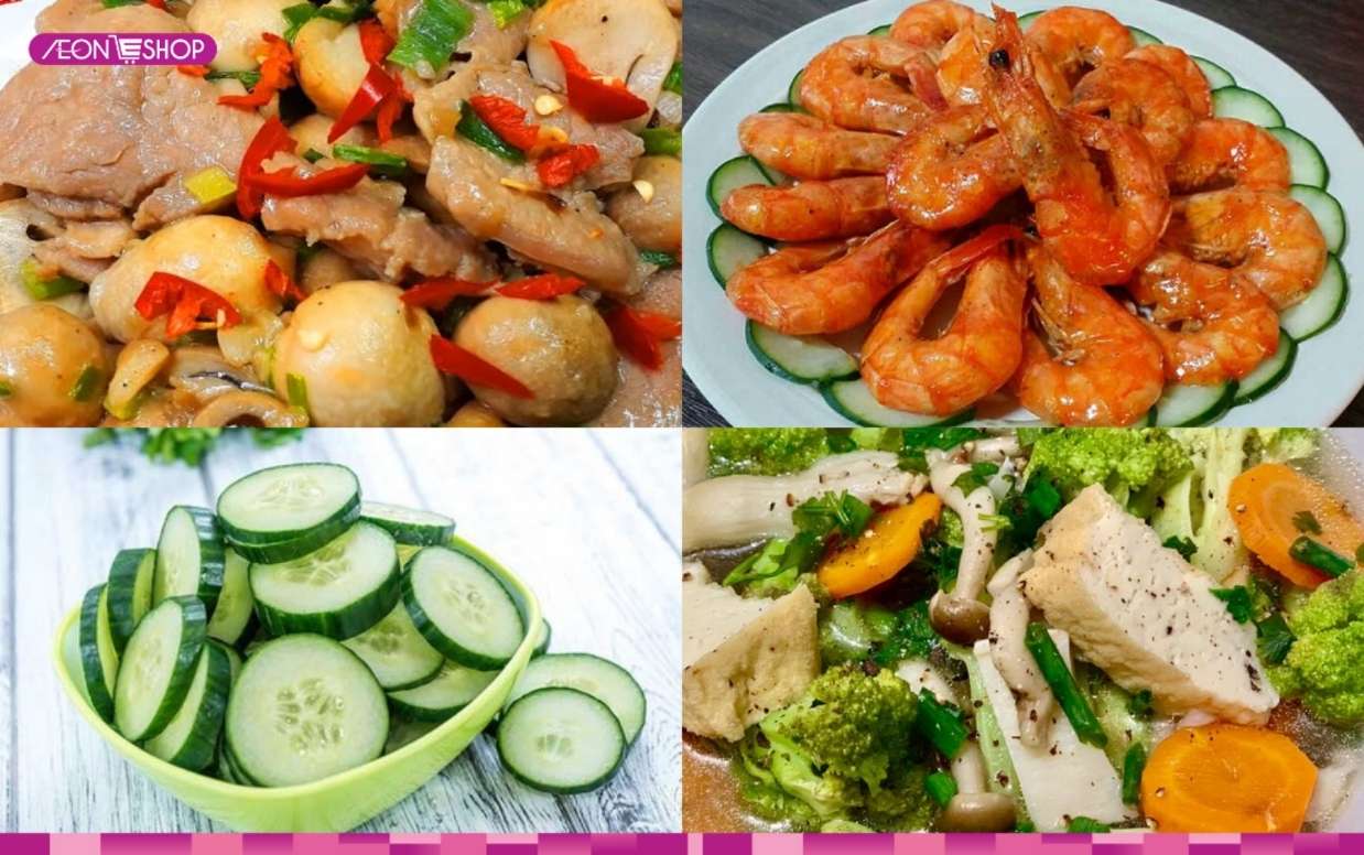 Nấm rơm xào thịt, dưa leo, tôm rim, canh súp lơ