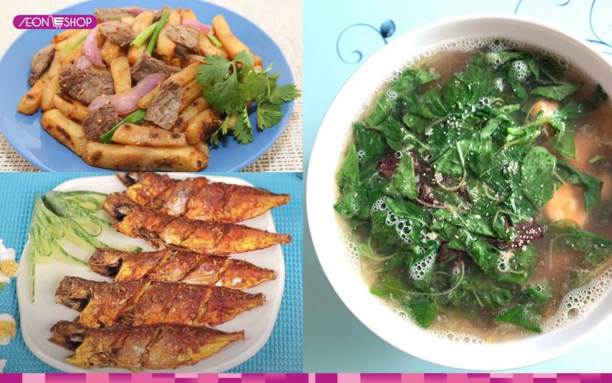 Khoai tây xào bò, cá chiên, canh tôm rau dền