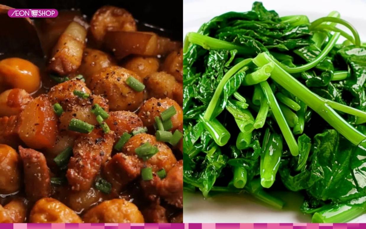 Thịt kho trứng cút, rau muống luộc