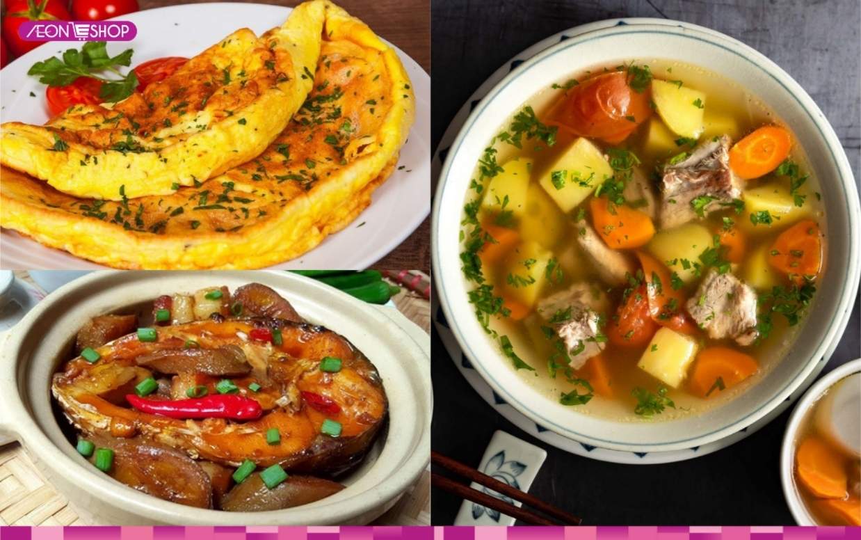 Trứng chiên, cá kho riềng