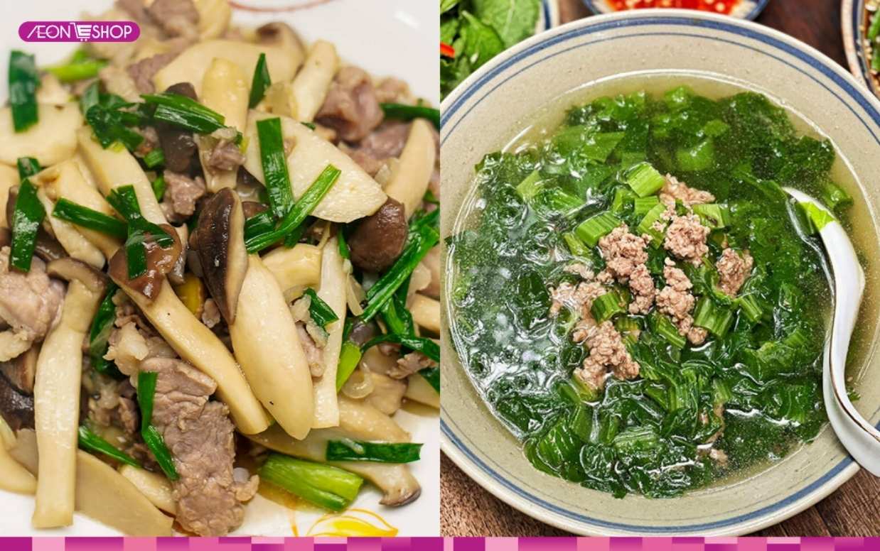 Nấm dùi gà xào, canh cải thịt băm