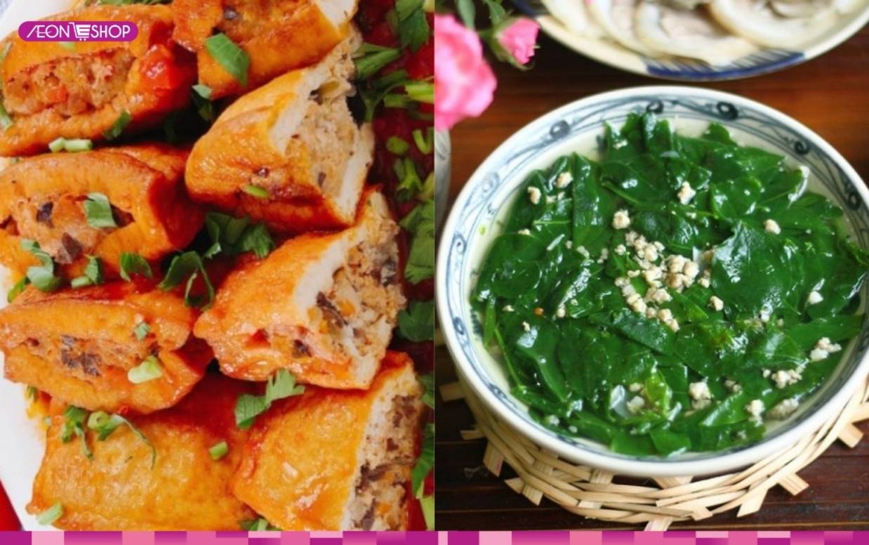 Đậu hủ nhồi thịt, canh rau ngót thịt bằm