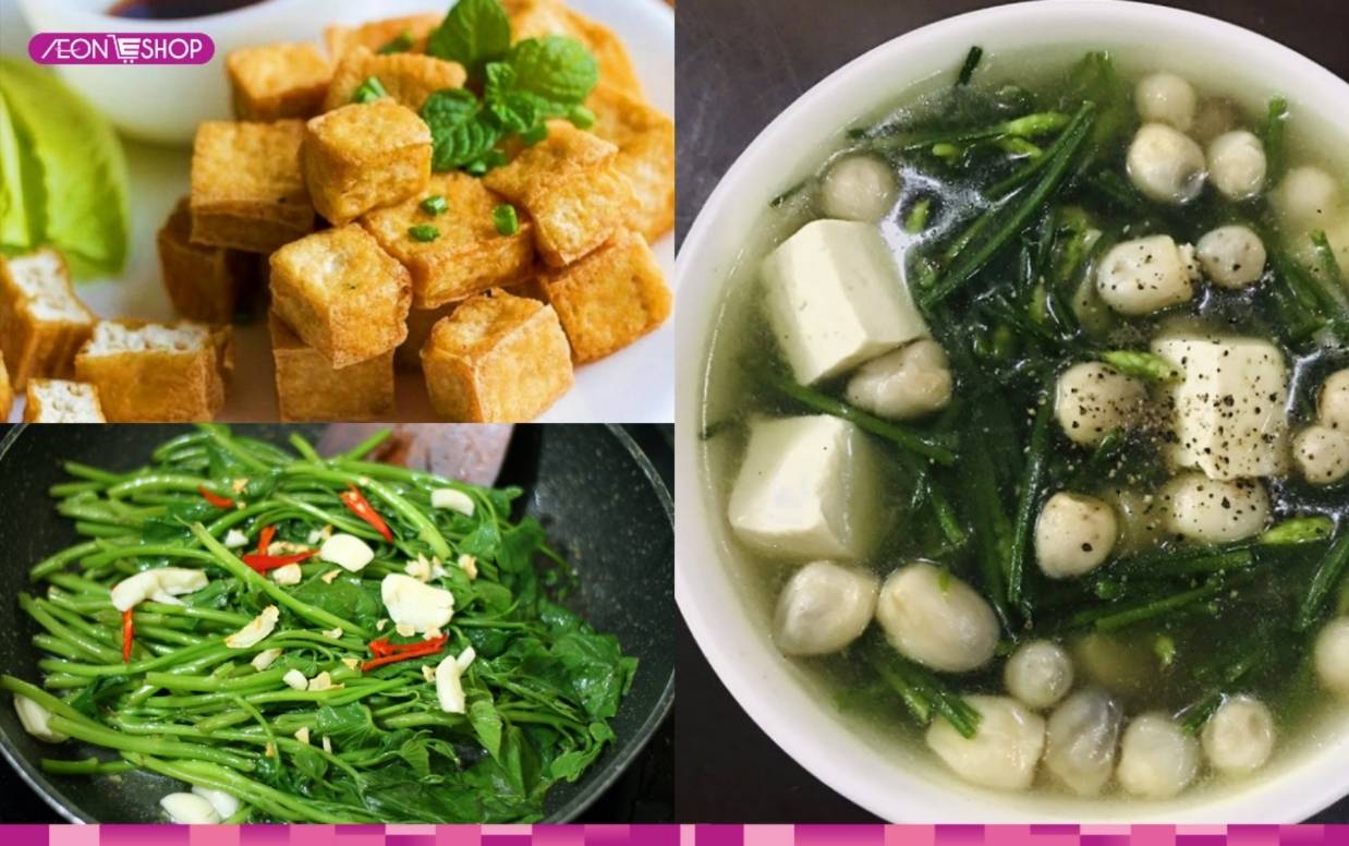 Đậu phụ chiên, rau lang xào, canh hẹ nấm