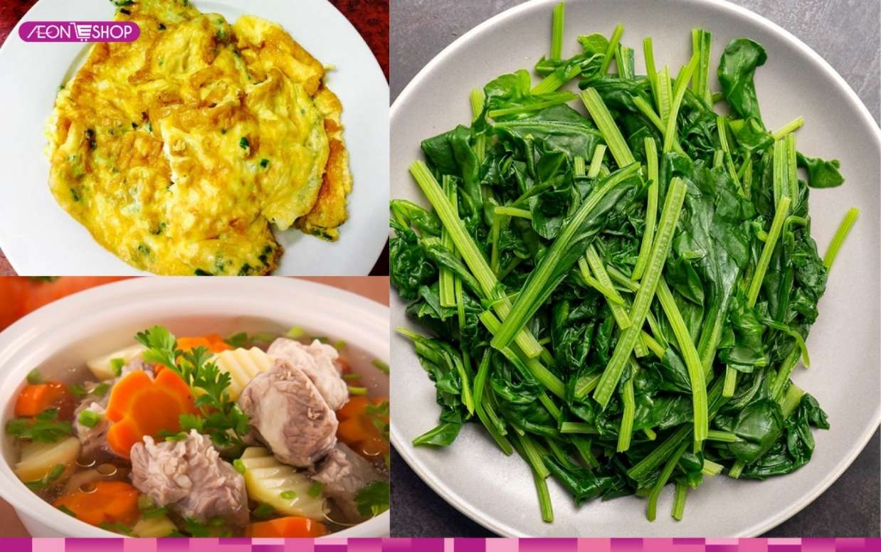 Canh rau củ hầm xương, trứng chiên, rau luộc