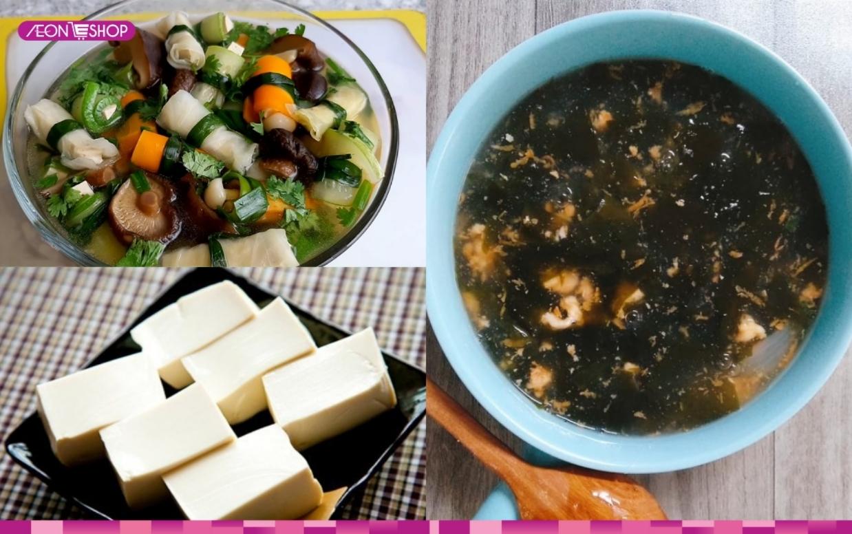 bắp cải hầm chay, súp rong biển, đậu phụ