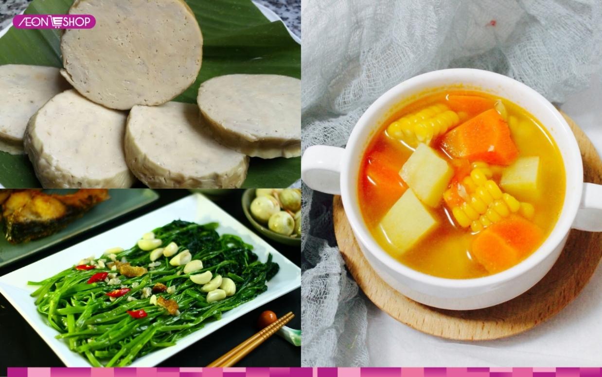 chả lụa chay, rau muống xào tỏi, súp