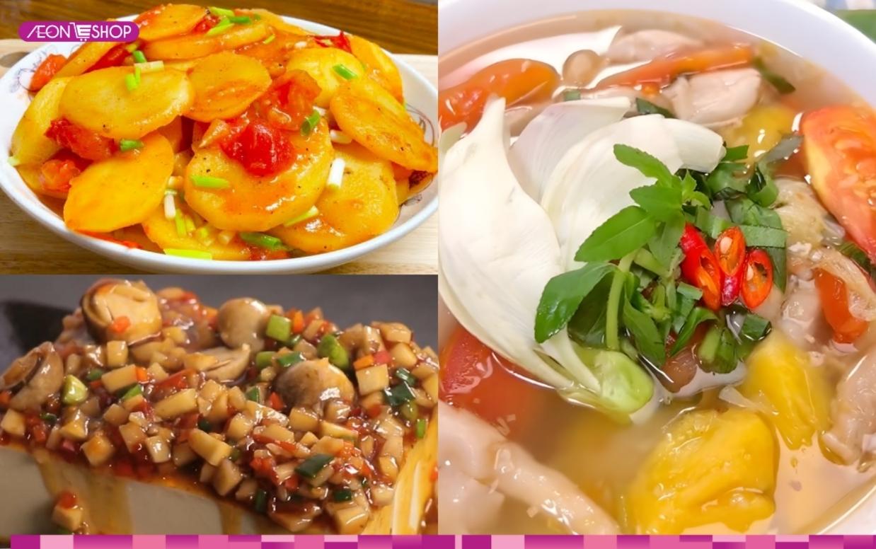 khoai tây xào, đậu phụ hấp nấm