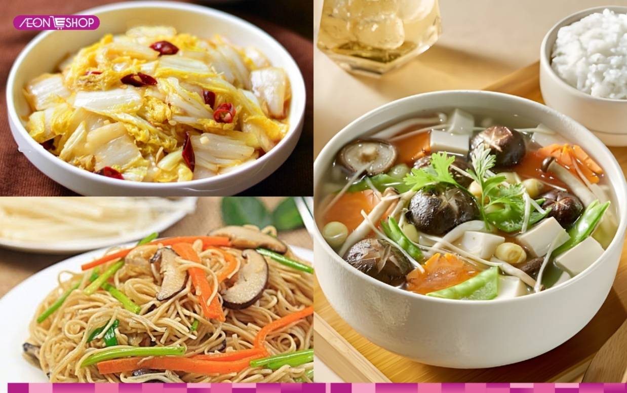 cải thảo xào giấm, mì xào nấm