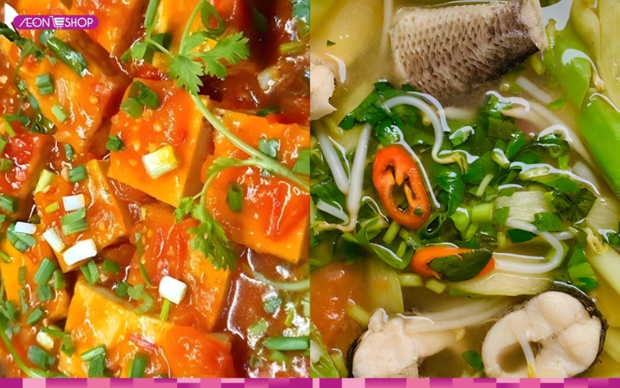 Canh chua cá lóc, đậu sốt cà chua