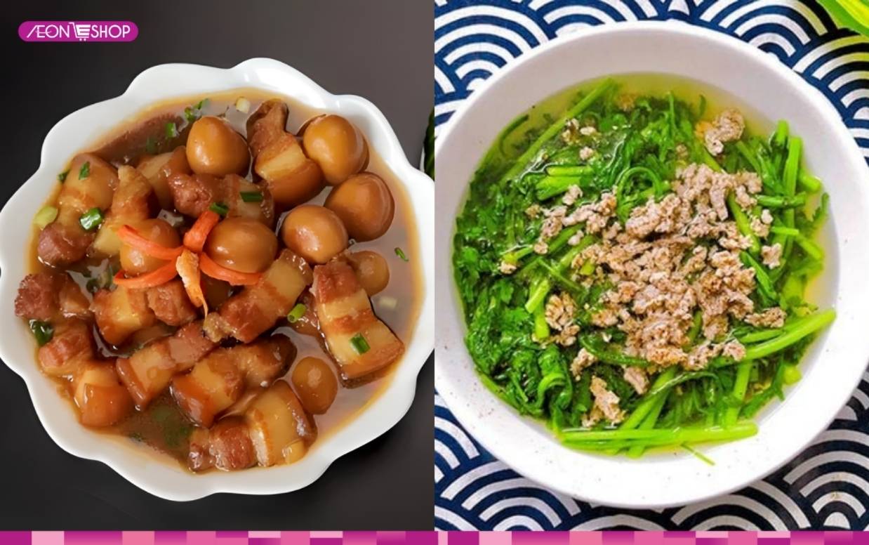 Thịt kho trứng cút, canh cải thịt băm
