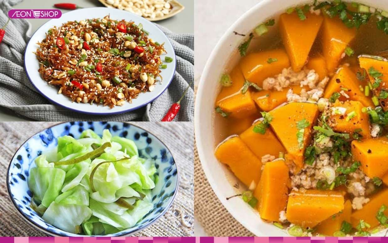 Cá cơm rim lạc, bắp cải luộc, canh bí đỏ