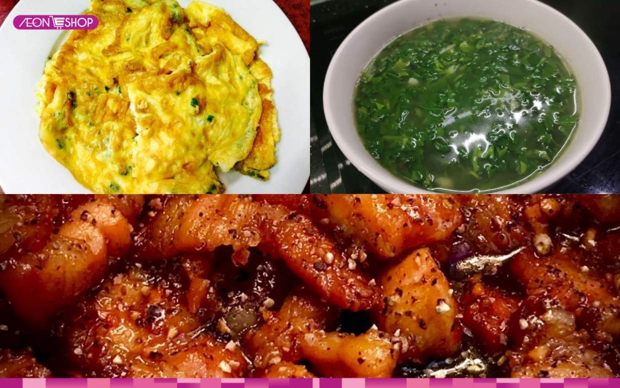 Thịt kho tiêu, trứng chiên, canh rau lang