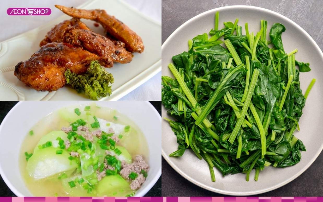 Cải luộc, cánh gà sốt me, canh bí đao