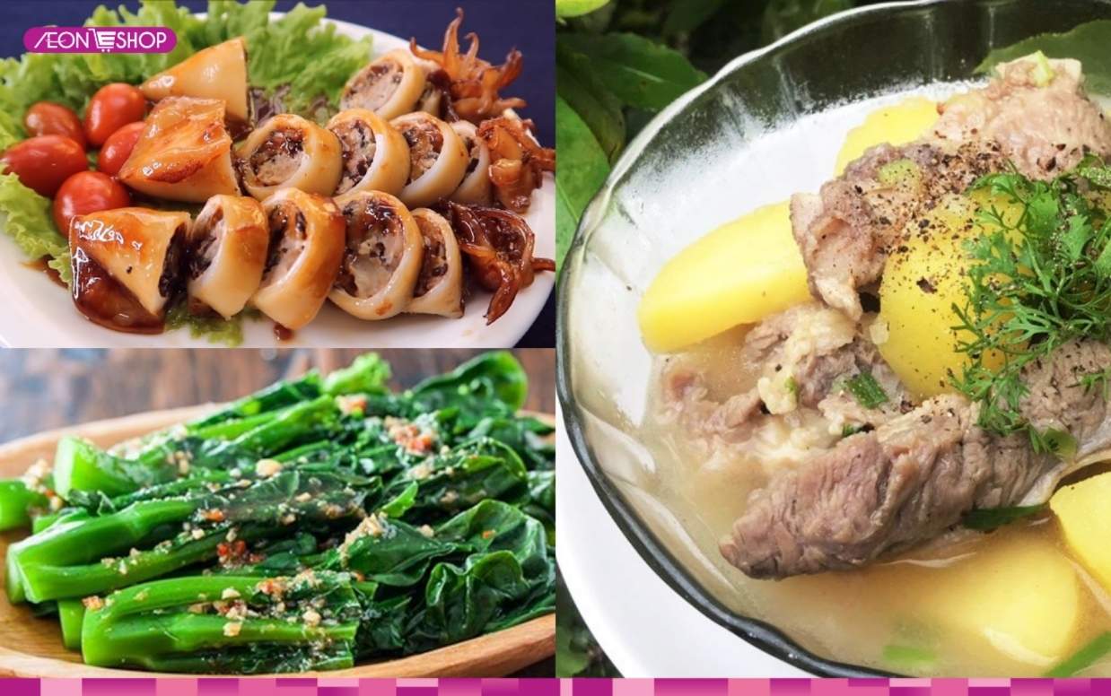 Mực nhồi thịt, ngồng cải luộc, canh sườn khoai tây