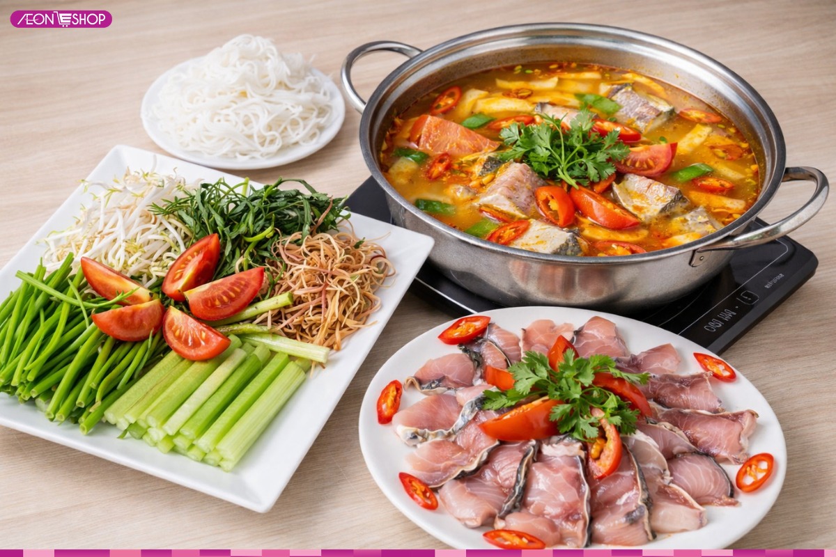 Thành phẩm món lẩu cá trắm bắt mắt, ngon miệng