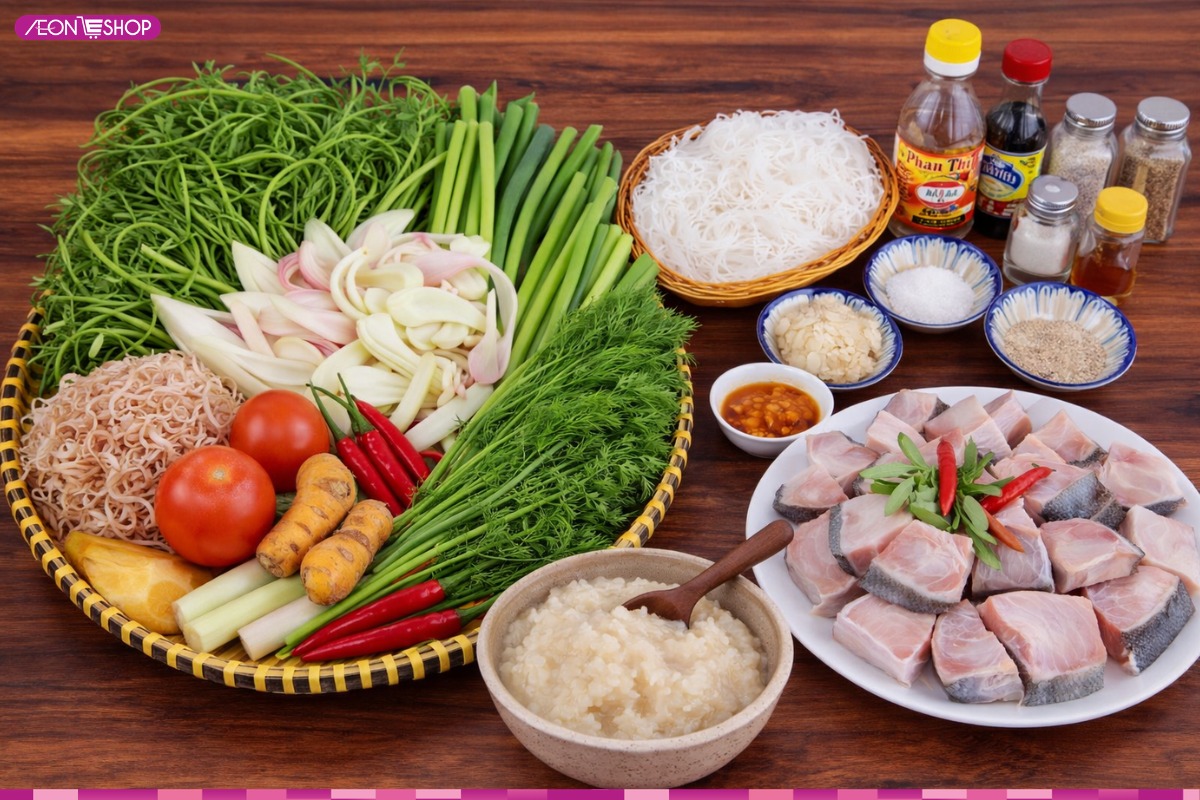 Chuẩn bị các nguyên liệu để làm món lẩu cá trắm