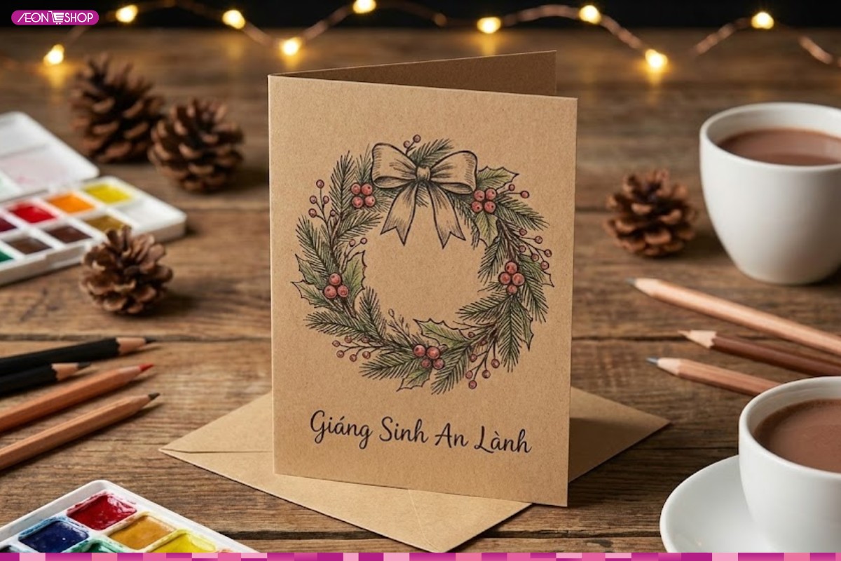 Mẫu thiệp Giáng Sinh hình vòng nguyệt quế