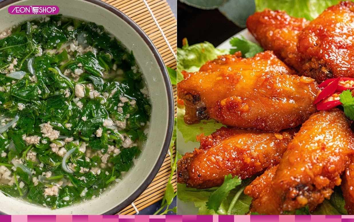 Canh rau ngót thịt băm và gà chiên