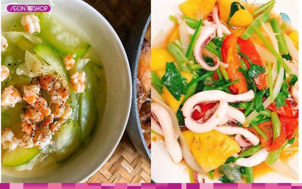 Mực xào dứa chua và canh bí tôm