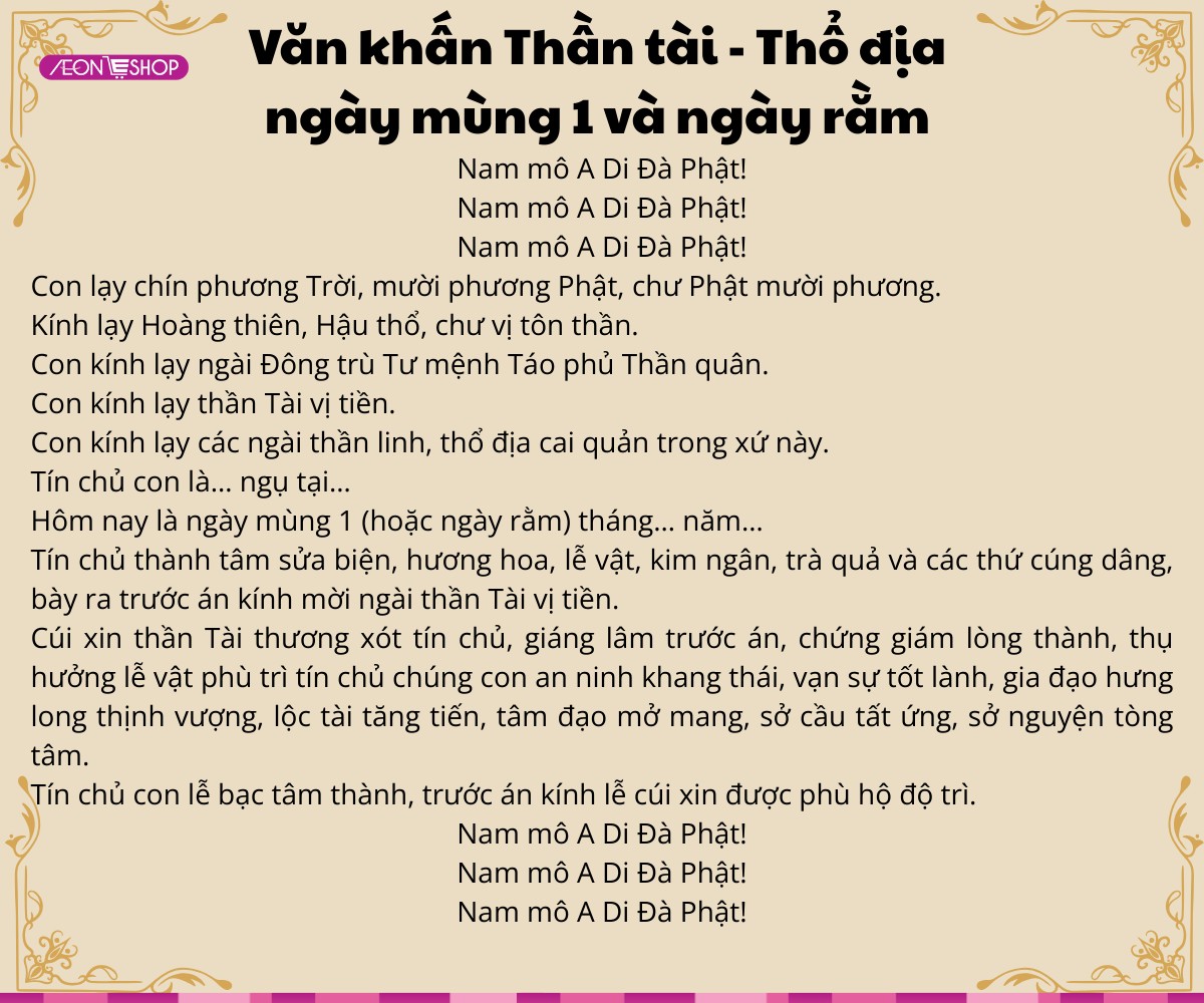 Văn khấn thần tài, thổ địa ngày mùng 1 và ngày rằm hàng tháng