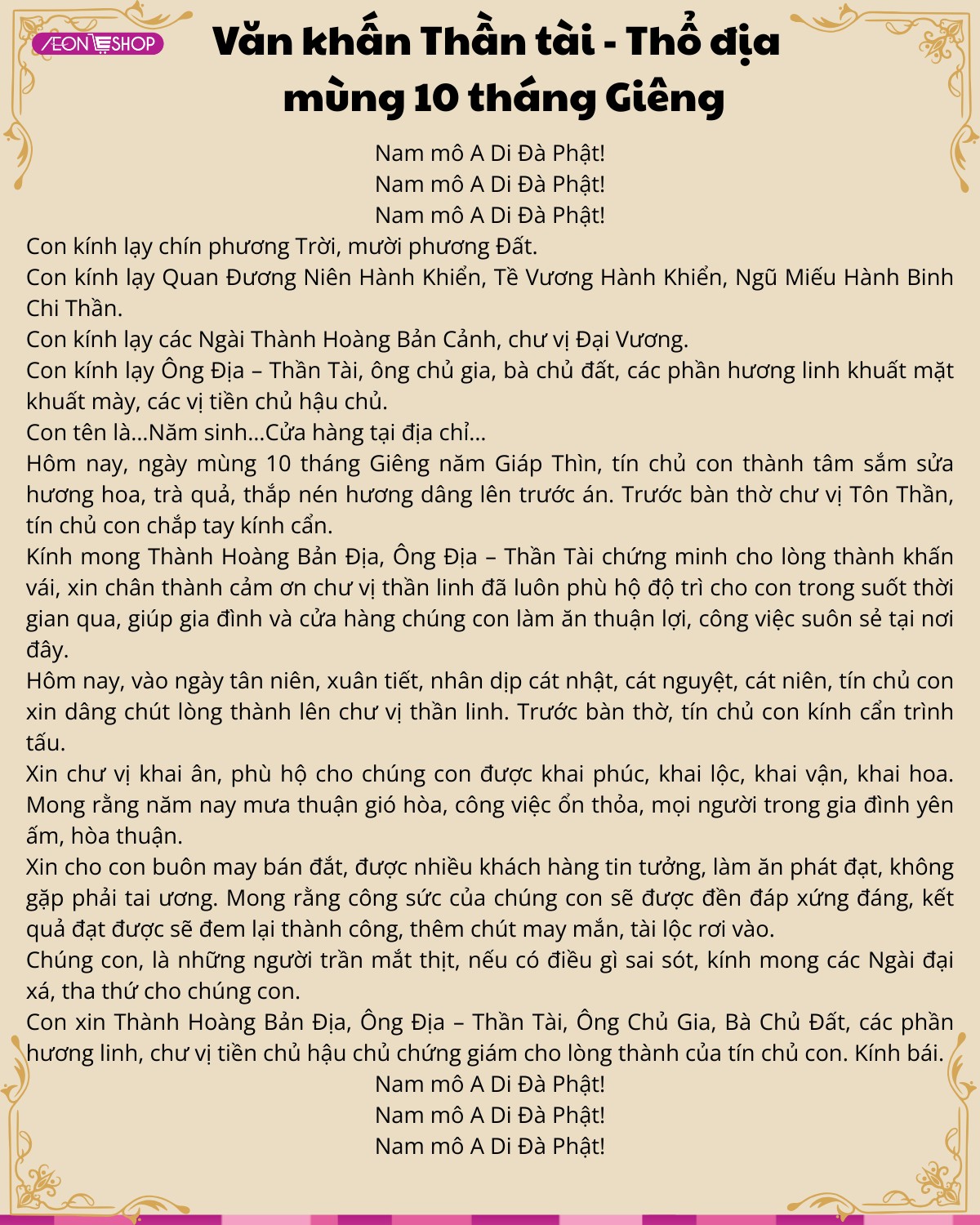 Văn khấn ngày vía thần tài, thổ địa mùng 10 tháng Giêng