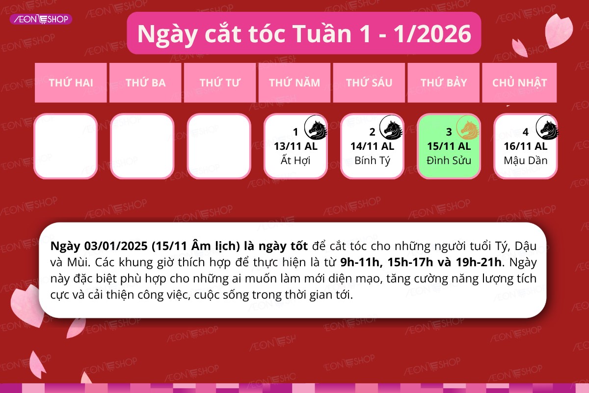 Lịch cắt tóc tuần 1 tháng 1 năm 2026