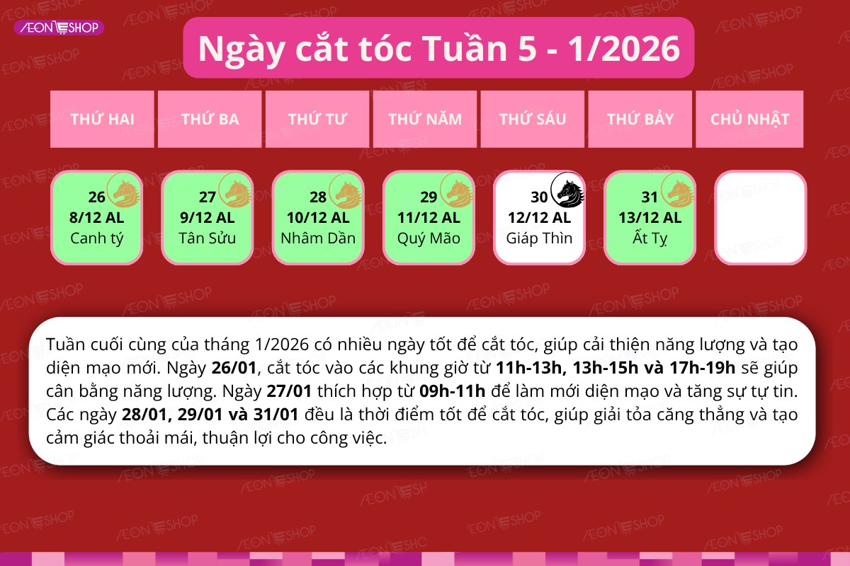 Lịch cắt tóc tuần 5 tháng 1 năm 2026