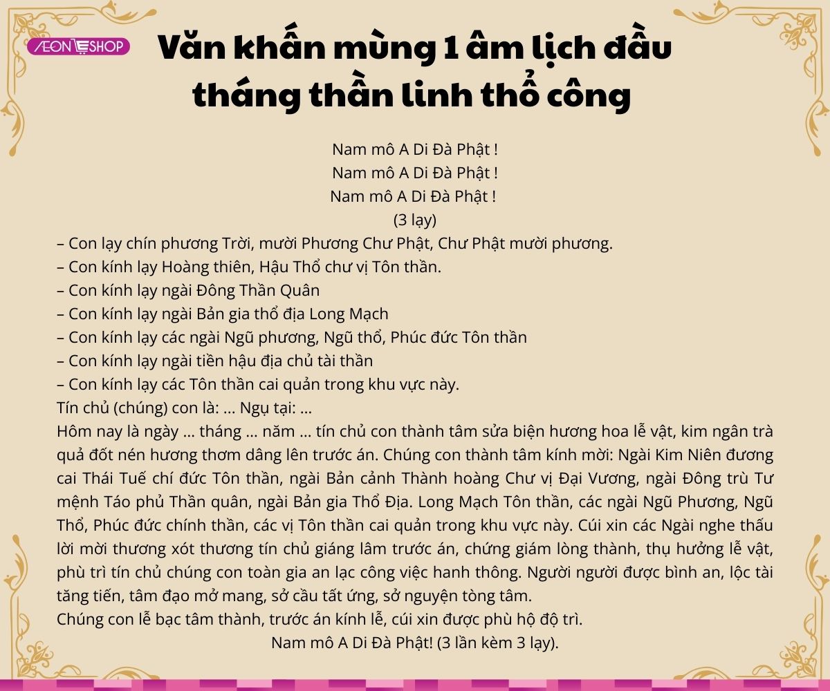 Văn khấn mùng 1 thần linh, thổ công hằng tháng