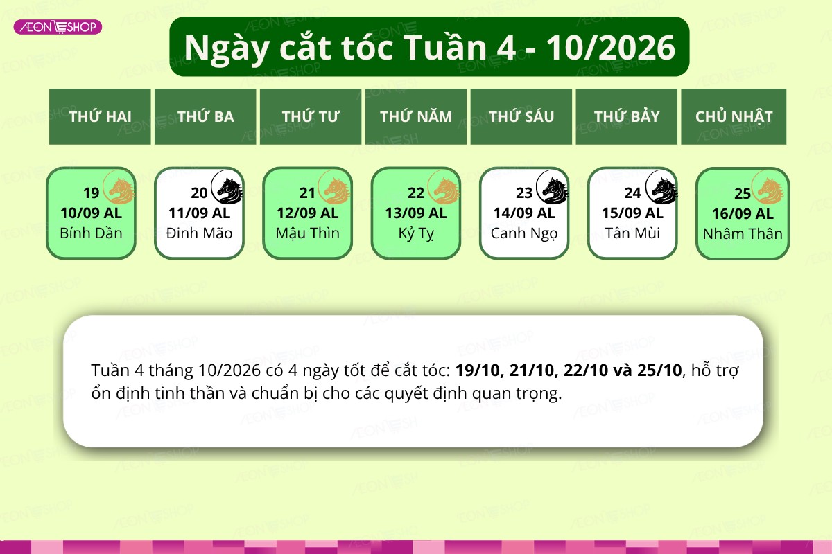 Lịch cắt tóc tuần 4 tháng 10 năm 2026 với các ngày tốt theo phong thủy